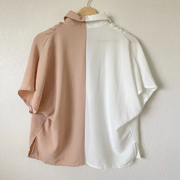 NWOT Dual Tone White and Tan Button Up Blouse - Picture 4 of 7